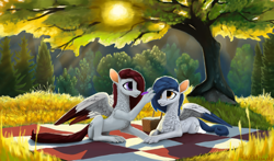 Size: 2800x1643 | Tagged: safe, artist:thelittlesnake, oc, oc only, hengstwolf, pony, werewolf, basket, picnic basket, picnic blanket, prone, scenery, sunset, tree