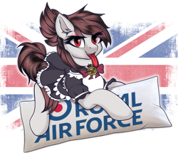 Size: 2000x1800 | Tagged: safe, artist:lakunae, oc, oc:sea minde, earth pony, pony, clothes, commission, dress, england, female, half-breed, maid, mare, pillow, royal air force, union jack