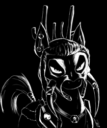 Size: 1680x2000 | Tagged: safe, artist:zoarvek, oc, oc:zjin-wolfwalker, zebra, black and white, black background, clothes, ear piercing, earring, female, grayscale, jewelry, monochrome, piercing, quadrupedal, simple background, skull, solo, tail wrap