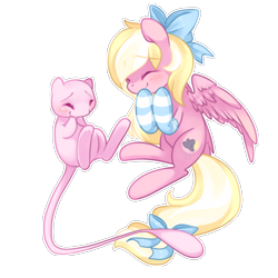 Size: 1300x1300 | Tagged: safe, artist:loyaldis, oc, oc only, oc:bay breeze, pegasus, pony, bow, clothes, crossover, eyes closed, female, hair bow, mare, mew, pokémon, simple background, socks, striped socks, tail bow, transparent background