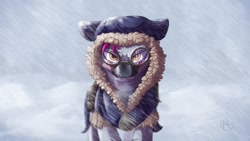 Size: 1024x576 | Tagged: safe, artist:klarapl, oc, oc:zjin-wolfwalker, zebra, blizzard, cloak, clothes, female, lidded eyes, quadrupedal, snow, snow goggles, snow mask, snowfall, solo