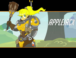 Size: 1022x782 | Tagged: safe, artist:matchstickman, derpibooru import, applejack, human, armor, brigitte, crossover, humanized, looking at you, overwatch, tree