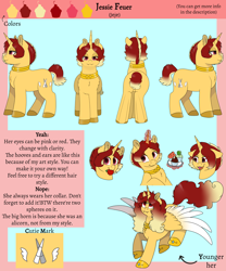 Size: 3406x4088 | Tagged: safe, artist:69beas, oc, oc:jessie feuer, alicorn, pony, unicorn, alicorn oc, collar, colored hooves, colored wings, cupcake, digital art, fangs, female, food, jewelry, lidded eyes, looking at you, mare, open mouth, reference sheet, regalia, smiling, solo, spread wings, text, tomato, wings