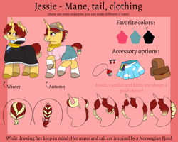 Size: 4088x3270 | Tagged: safe, artist:69beas, oc, oc only, oc:jessie feuer, pony, unicorn, accessories, clothes, coat, collar, colored hooves, digital art, ear piercing, earring, female, hairstyle swap, hat, jewelry, lidded eyes, mare, miniskirt, piercing, pleated skirt, raised hoof, reference sheet, saddle bag, shoes, skirt, socks, solo, text