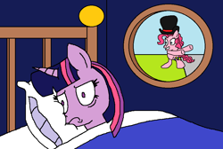 Size: 906x610 | Tagged: safe, artist:logan jones, derpibooru import, pinkie pie, twilight sparkle, earth pony, pony, bed, dancing, disturbed, hat, hitchhiking, meme, pioneer, pizza delivery, ponified meme, spongebob squarepants, trying to sleep, window