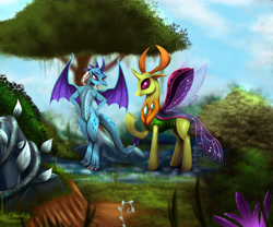 Size: 6000x5000 | Tagged: safe, artist:darksly, princess ember, thorax, changedling, changeling, dragon, absurd resolution, bush, commission, dragoness, female, king thorax, raised hoof, reward, rock, scenery, tree