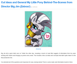 Size: 836x697 | Tagged: safe, zecora, zebra, colored hooves, ear piercing, earring, equestria daily, female, heart, interview, jewelry, jim miller, looking at you, mare, necklace, one eye closed, piercing, question and answer, sethisto, solo, speech bubble, website, what could have been, wink