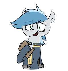 Size: 612x644 | Tagged: safe, artist:modocrisma, oc, oc only, oc:windy dream, earth pony, pony, fallout equestria, fanfic:vault 147, alternate universe, au:v147, clothes, doodle, eye clipping through hair, fallout, fanfic, fanfic art, female, hooves, lowres, mare, open mouth, reupload, simple background, solo, vault suit, watermark, white background