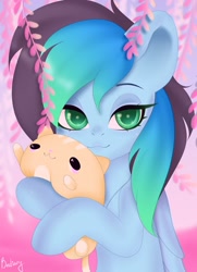 Size: 1482x2048 | Tagged: safe, artist:bestiary, oc, oc only, oc:kiru, cat, pegasus, pony, hug, plant, plushie, solo