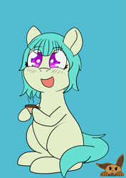 Size: 2893x4092 | Tagged: safe, artist:sharpiesketches, oc, oc only, oc:honey mint, earth pony, big eyes, blushing, coffee, commission, cup, cute, food, logo, short mane, simple background, smiling, tea, ych result, your character here