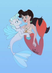 Size: 760x1052 | Tagged: safe, artist:keriwi1, terramar, mermaid, seapony (g4), surf and/or turf, crossover, female, jewelry, male, necklace, princess melody, tail, the little mermaid, the little mermaid 2: return to the sea, underwater