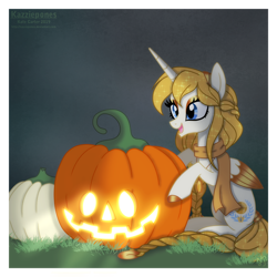 Size: 1024x1024 | Tagged: safe, artist:kazziepones, oc, oc:aurora, alicorn, pony, clothes, female, halloween, holiday, jack-o-lantern, mare, pumpkin, scarf, solo, two toned wings, wings