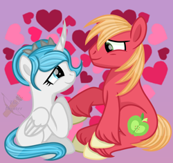 Size: 1200x1131 | Tagged: safe, artist:domina-venatricis, big macintosh, oc, alicorn, pony, alicorn oc, base used, blank flank, canon x oc, female, heart, heart background, male, mare, shipping, straight