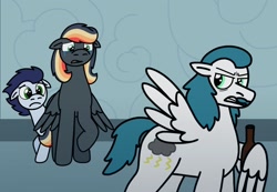 Size: 2048x1416 | Tagged: safe, artist:kindheart525, soarin', oc, oc:paint swirl, oc:thunderbolt, pegasus, pony, bottle, facial hair, kindverse, moustache, mullet