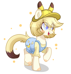 Size: 2735x2823 | Tagged: safe, artist:lazuli, artist:sugaryicecreammlp, oc, oc only, oc:pika, earth pony, pikachu, pony, base used, cap, commission, eye clipping through hair, female, hat, mare, overalls, pokémon, raised hoof, simple background, solo, transparent background
