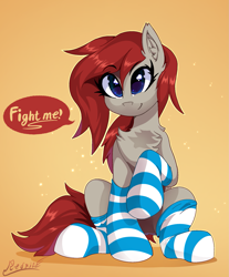 Size: 1453x1754 | Tagged: safe, artist:rednite, oc, oc only, oc:ponepony, pony, chest fluff, clothes, dialogue, female, fight me, sitting, socks, striped socks, ych result