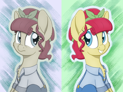 Size: 5000x3750 | Tagged: safe, artist:litrojia, torque wrench, earth pony, pony, rainbow roadtrip, abstract background, absurd resolution, chest fluff, clothes, desaturated, duality, female, frown, happy, mare, sad, sitting, smiling