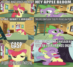 Size: 639x590 | Tagged: artist needed, safe, edit, edited screencap, editor:undeadponysoldier, screencap, apple bloom, spike, dragon, comic:the start of a new friendship, bow, caption, clubhouse, comforting, comic, crusaders clubhouse, crusadespike, crying, cute, cutie mark, daaaaaaaaaaaw, emotional, eyes closed, female, filly, heartwarming, holding tail, hug, image macro, implied mane six, implied scootaloo, implied sweetie belle, kicked out, ladder, lantern, male, poor spike, sad, screencap comic, shipping, spikebloom, spikelove, straight, table, tail hug, text, the cmc's cutie marks, tree, window, wrong aspect ratio