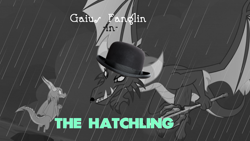 Size: 1280x720 | Tagged: safe, edit, edited screencap, screencap, gaius (dragon), scales (character), dragon, the hearth's warming club, black and white, bowler hat, cane, charlie chaplin, facial hair, female, grayscale, hat, male, monochrome, moustache, poster parody, rain, text, the kid (silent movie)