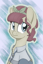 Size: 2500x3750 | Tagged: safe, alternate version, artist:litrojia, torque wrench, earth pony, pony, rainbow roadtrip, abstract background, chest fluff, clothes, desaturated, female, frown, happy, mare, sitting, smiling, solo