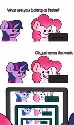 Size: 1214x2048 | Tagged: safe, artist:ljdamz1119, derpibooru import, pinkie pie, twilight sparkle, earth pony, pony, computer, droste effect, recursion