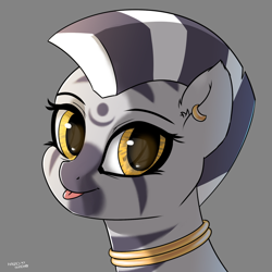 Size: 700x700 | Tagged: safe, artist:hardbrony, oc, zebra, :p, bust, ear piercing, earring, female, gray background, jewelry, looking at you, neck rings, piercing, quadrupedal, simple background, solo, tongue out