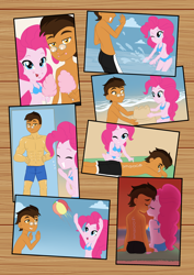 Size: 2480x3507 | Tagged: safe, artist:susuki-san, pinkie pie, oc, oc:copper plume, comic:the copperpie chronicles, comic:the copperpie chronicles - beach day, equestria girls, :p, armpits, beach, beach ball, bedroom eyes, bikini, bikini babe, breasts, canon x oc, cleavage, clothes, comic, commission, commissioner:imperfectxiii, copperpie, eyes closed, faceless male, female, freckles, glasses, holding hands, kissing, laughing, looking at you, looking back, looking back at you, looking over shoulder, male, offscreen character, one eye closed, partial nudity, photo, sandcastle, selfie, shipping, smiling, snowcone, splashing, straight, sunscreen, sunset, swimming trunks, swimsuit, tongue out, topless, towel, water