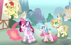 Size: 1024x658 | Tagged: safe, artist:manella-art, oc, oc only, oc:belly flower, oc:bubble pie, oc:fire burst, oc:neverfree storm, oc:sunny moonlight, alicorn, hybrid, pegasus, pony, base used, female, interspecies offspring, magic, magical lesbian spawn, male, mare, offspring, parent:bulk biceps, parent:flim, parent:fluttershy, parent:pinkie pie, parent:princess skystar, parent:rainbow dash, parent:spitfire, parent:twilight sparkle, parents:flutterbulk, parents:skypie, parents:spitflim, parents:twidash, quill, scroll, stallion