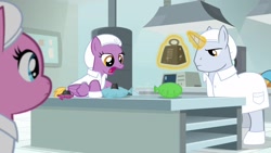 Size: 1920x1080 | Tagged: safe, screencap, pony, the last laugh, clothes, factory, gag factory, lab coat, lavender flask, magic, male, platinum cure, raspberry cotton, stallion, weight, whoopee cushion