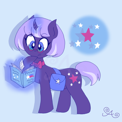 Size: 2000x2000 | Tagged: safe, artist:alannaartroid, twilight sparkle, unicorn twilight, pony, unicorn, alternate cutie mark, alternate hairstyle, alternate universe, blue background, book, bowtie, curved horn, female, glasses, glowing horn, horn, mare, raised hoof, redesign, saddle bag, simple background, solo