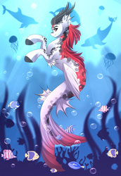 Size: 2077x3024 | Tagged: safe, artist:airiniblock, oc, oc only, oc:yakeishi, dolphin, fish, hippocampus, hybrid, jellyfish, merpony, bubble, commission, crepuscular rays, looking at you, male, rcf community, smiling, stallion, underwater
