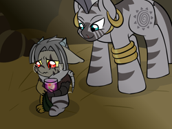 Size: 1600x1200 | Tagged: safe, artist:jolliapplegirl, zecora, oc, oc:anansi, draconequus, hybrid, pony, zebra, blood, crying, draconequus hybrid, draconequus oc, female, foal, interspecies offspring, jar, male, mare, mother and child, mother and son, next generation, nosebleed, offspring, parent and child, parent:discord, parent:zecora, parents:zecord, story included