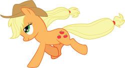 Size: 8700x4778 | Tagged: safe, artist:wissle, derpibooru import, applejack, earth pony, pony, friendship is magic, absurd resolution, applejack's hat, cowboy hat, female, hat, lidded eyes, mare, missing freckles, raised hoof, running, simple background, smiling, solo, transparent background, vector