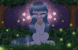 Size: 3500x2250 | Tagged: safe, artist:darkest-lunar-flower, oc, oc only, oc:cosmia nebula, pony, belly button, blushing, cheek fluff, food, grass, muffin, solo, tree