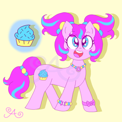 Size: 2000x2000 | Tagged: safe, artist:alannaartroid, derpibooru import, pinkie pie, earth pony, pony, alternate hairstyle, alternate universe, bracelet, female, harajuku, jewelry, mare, necklace, open mouth, pigtails, redesign, simple background, solo, twintails, wristband, yellow background
