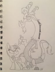 Size: 1551x2046 | Tagged: safe, artist:sparkarez, discord, twilight sparkle, twilight sparkle (alicorn), alicorn, pony, monochrome, traditional art, unamused