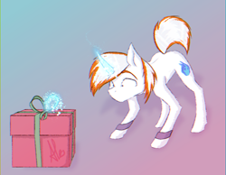 Size: 1304x1010 | Tagged: safe, artist:al1-ce, derpibooru exclusive, oc, oc only, oc:neon flame, pony, unicorn, chromatic aberration, gift art, magic, present