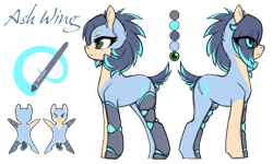 Size: 2882x1734 | Tagged: safe, artist:arctic-fox, oc, oc only, oc:ash wing, earth pony, pony, amputee, cyber legs, eye clipping through hair, female, mare, mechanical legs, reference sheet, solo