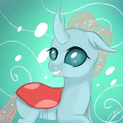 Size: 2048x2048 | Tagged: safe, artist:sweetkllrvane, ocellus, changedling, changeling, abstract background, cute, diaocelles, female, raised hoof, smiling, solo