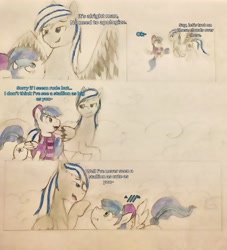 Size: 2142x2359 | Tagged: safe, oc, oc only, oc:blueskies, oc:onyx diamond, pegasus, pony, comic:pushing it to the limit, blushing, clothes, cloud, conversation, cute, fez, hat, hooves, male, panels, scarf, size difference, sky, stallion, text, vest, wings