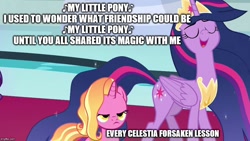 Size: 888x500 | Tagged: safe, edit, edited screencap, screencap, luster dawn, princess twilight 2.0, twilight sparkle, twilight sparkle (alicorn), alicorn, pony, the last problem, exploitable meme, luster dawn is not amused, meme, older, older twilight, singing, theme song, twilight 2.0's reminiscences