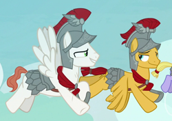 Size: 834x592 | Tagged: safe, screencap, flash magnus, pegasus, pony, campfire tales, armor, flying, helmet, hoof shoes, hooves, imminent gay, male, smiling, stallion, wings