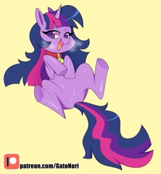 Size: 1111x1200 | Tagged: safe, artist:norithecat, twilight sparkle, pony, unicorn, bedroom eyes, collar, digital, disheveled, dog collar, drops, female, looking at you, open mouth, patreon, patreon logo, pet tag, pony pet, solo, sweat