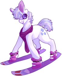 Size: 1139x1399 | Tagged: safe, artist:voidsucre, double diamond, earth pony, pony, big ears, clothes, hair over one eye, looking sideways, male, scarf, simple background, skis, smiling, solo, stallion, white background