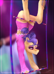 Size: 679x933 | Tagged: safe, artist:copshop, trapeze star, earth pony, pony, clothes, eyeshadow, female, horseshoes, leotard, makeup, mare, solo, trapeze, underhoof