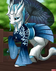 Size: 999x1280 | Tagged: safe, alternate version, artist:wwredgrave, oc, kirin, beard, bridge, clothes, crossdressing, dress, facial hair, horns, japan, japanese, kimono (clothing), kirin oc, solo, umbrella, ych result