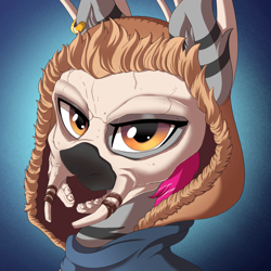 Size: 700x700 | Tagged: safe, artist:ask-colorsound, oc, oc:zjin-wolfwalker, zebra, bust, cloak, clothes, ear piercing, earring, female, jewelry, piercing, portrait, quadrupedal, shaman, skull, solo