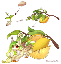 Size: 3792x3976 | Tagged: safe, artist:helemaranth, oc, oc:lemony light, pegasus, pony, female, flower, food, leaves, lemon, looking at you, mare, open mouth, rcf community, seed, solo