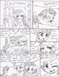 Size: 958x1249 | Tagged: safe, artist:joelashimself, derpibooru import, applejack, fluttershy, spike, twilight sparkle, dragon, earth pony, pegasus, pony, bed, comic, door, monochrome, one eye closed, sweat, teary eyes, the forgotten element, wink