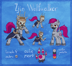 Size: 2800x2552 | Tagged: safe, artist:danli69, oc, oc:zjin-wolfwalker, zebra, clothes, coat, female, lidded eyes, quadrupedal, rearing, reference sheet, skull, tail wrap